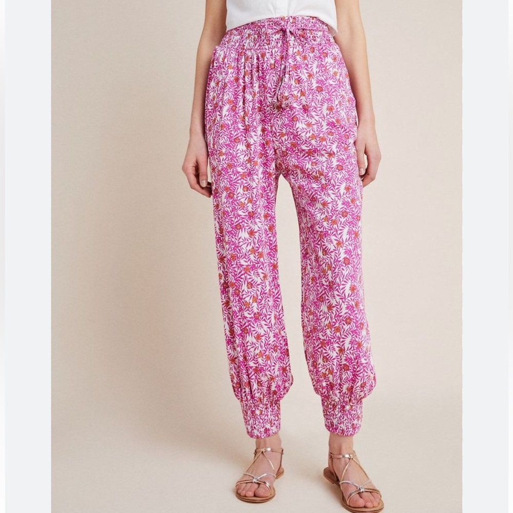 Anthropologie Floral High Waisted Print Harem Pink Pants Joggers boho XS